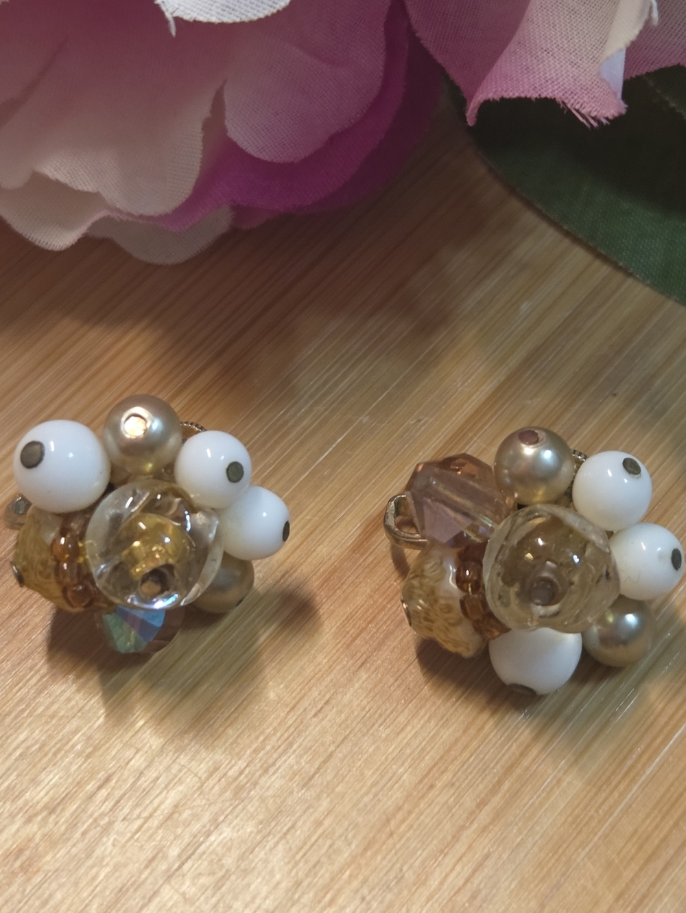 Vintage Vendome By Coro Cluster Bead Clip-On Earrings in White, Gold & Amber
